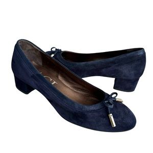 AGL Navy Blue Suede Chunky Heel Italian Shoes Leather Bow Detail Women’s 38